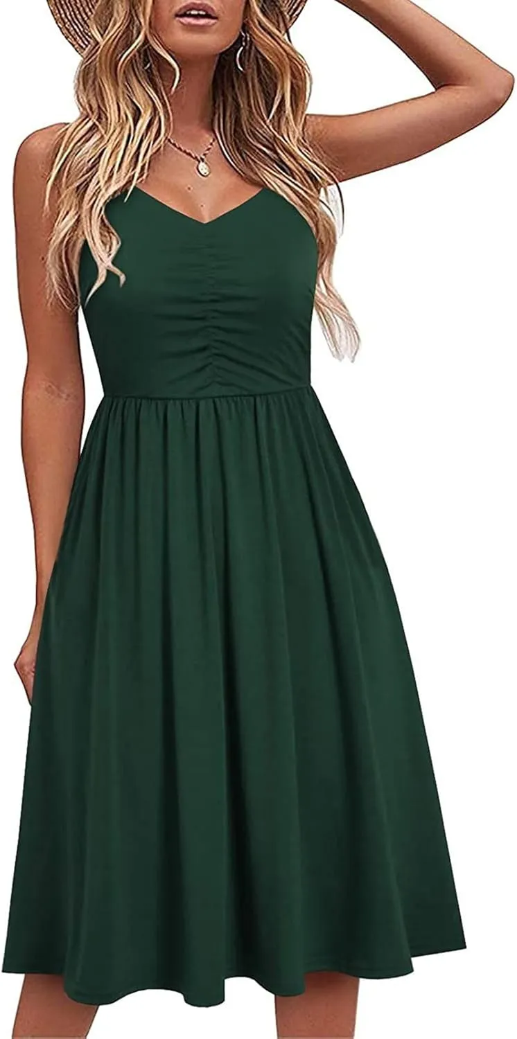 Women Summer Dresses Spaghetti Strap Simple Solid Color Sundresses Trendy Loose Casual Vacation Short Dresses