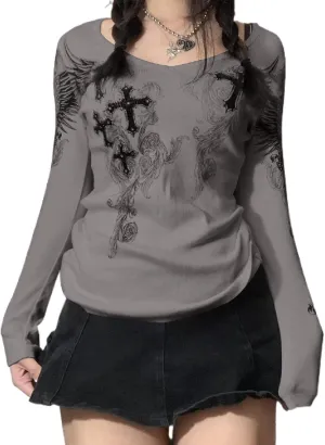 Women Y2K Long Sleeve Top Tee Sexy Patchwork Square Collar Black Basic Slim Fit Blouse Tops Streewear