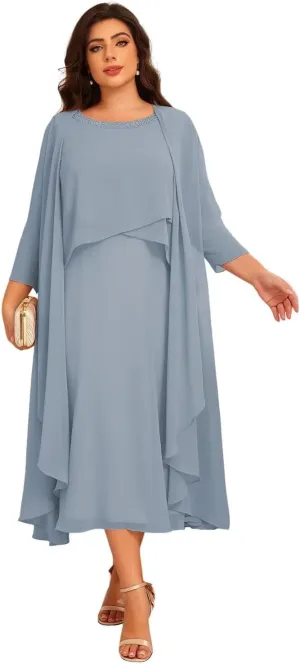 Women's 2 Piece Mother of The Bride Dresses for Wedding Long Sleeve Ruffles Chiffon Formal Evening Dress DE364