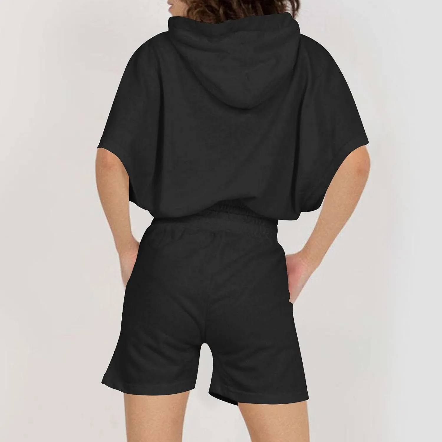 Women's 2 Piece Outfits Summer Sweatsuit Short Sleeve Drawstring Hoodies and Sweat Shorts Lounge Sets with Pockets