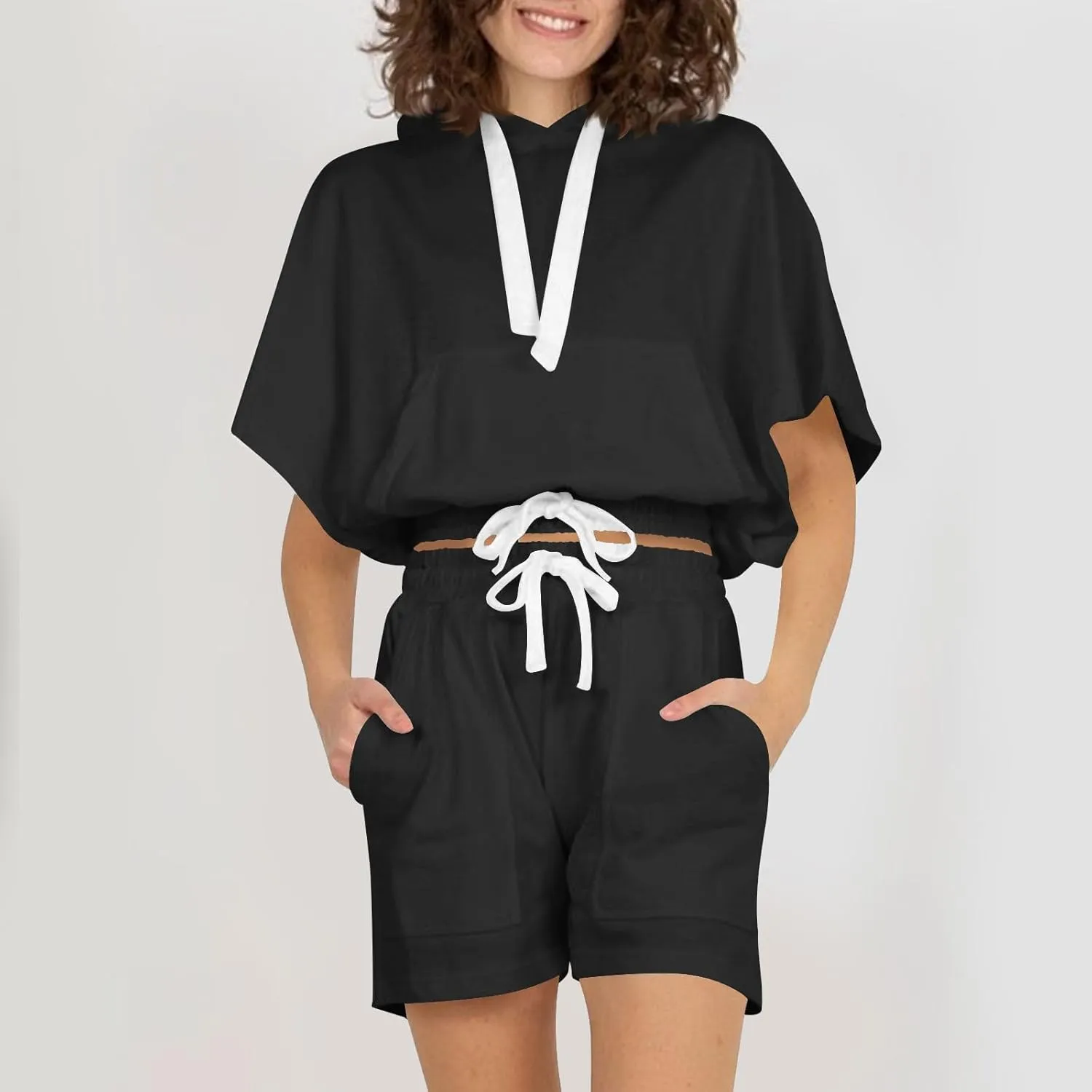 Women's 2 Piece Outfits Summer Sweatsuit Short Sleeve Drawstring Hoodies and Sweat Shorts Lounge Sets with Pockets