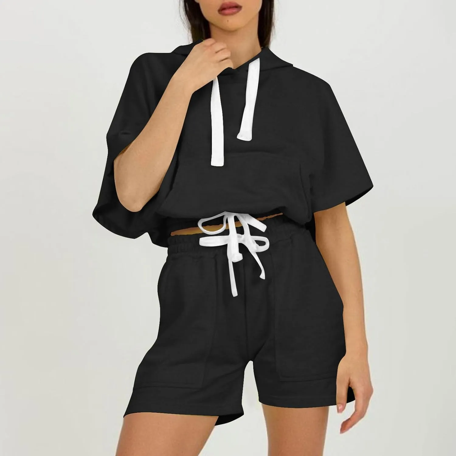 Women's 2 Piece Outfits Summer Sweatsuit Short Sleeve Drawstring Hoodies and Sweat Shorts Lounge Sets with Pockets