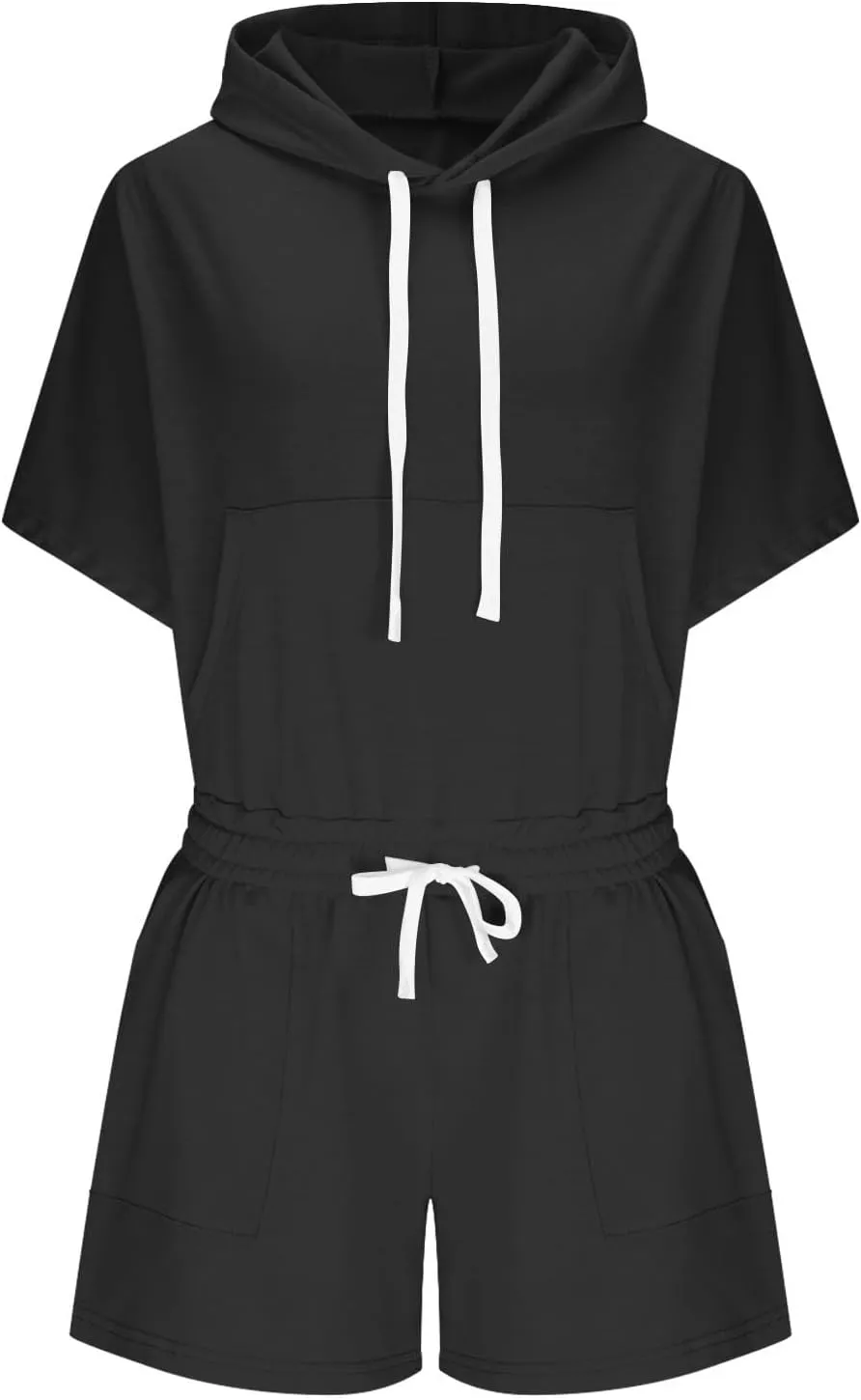 Women's 2 Piece Outfits Summer Sweatsuit Short Sleeve Drawstring Hoodies and Sweat Shorts Lounge Sets with Pockets