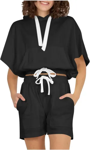 Women's 2 Piece Outfits Summer Sweatsuit Short Sleeve Drawstring Hoodies and Sweat Shorts Lounge Sets with Pockets