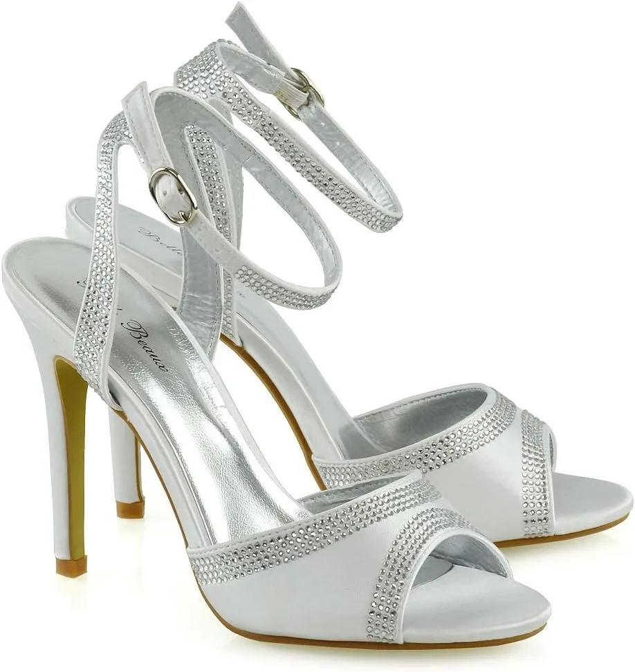 Womens Ankle Strap Heels Ladies High Heel Diamante Peep Toe Shoes