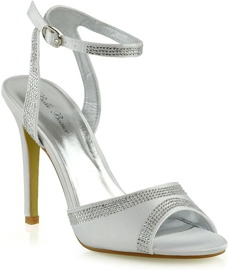 Womens Ankle Strap Heels Ladies High Heel Diamante Peep Toe Shoes