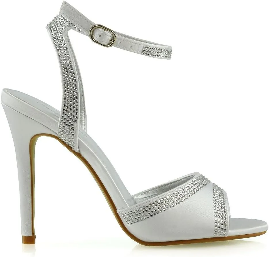 Womens Ankle Strap Heels Ladies High Heel Diamante Peep Toe Shoes