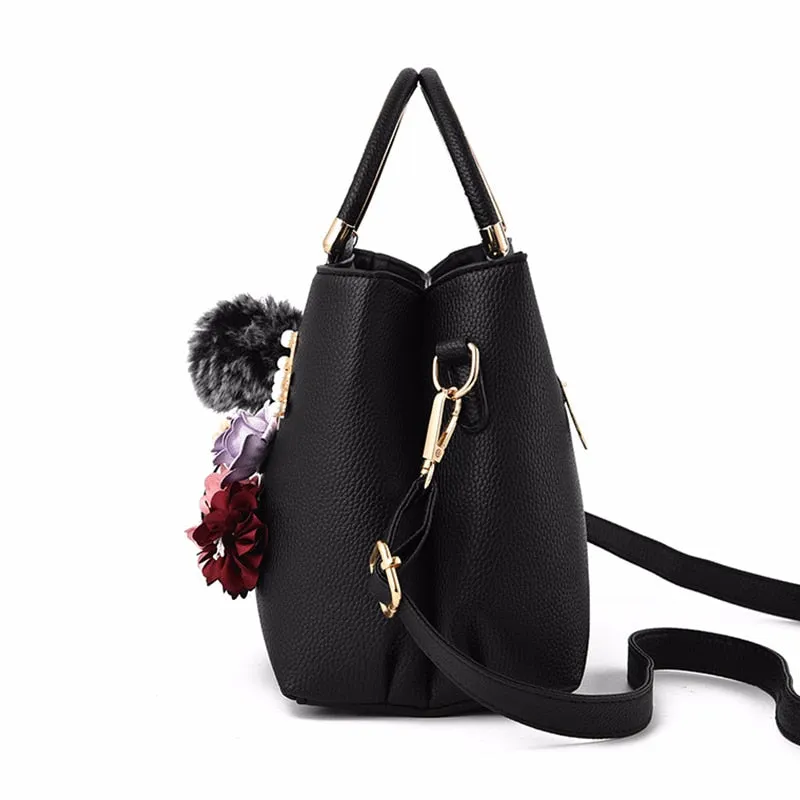 Women's Bag Leather Handbag Women Shoulder Bag Tote Flowers Shell Sac A Main Femme Rivets Fur Ball Pendant Luxury Designer Ladies
