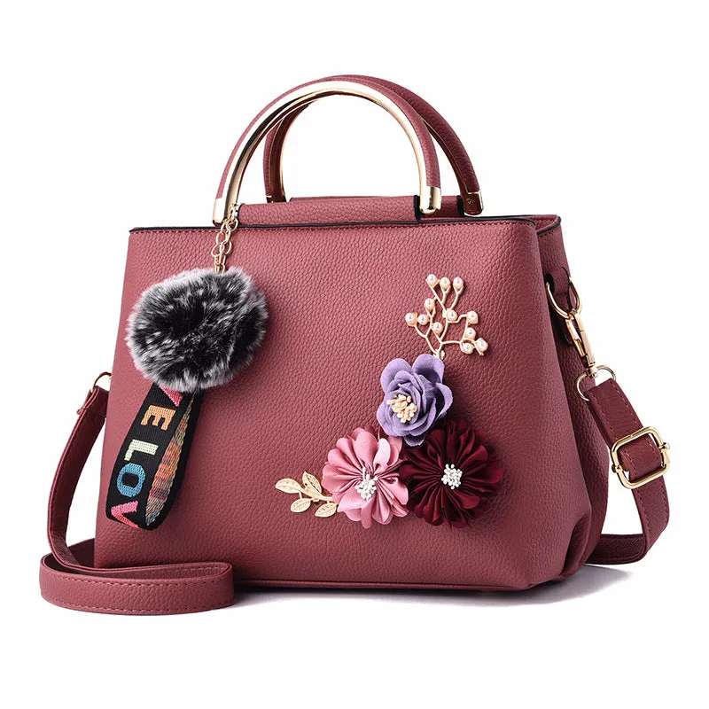 Women's Bag Leather Handbag Women Shoulder Bag Tote Flowers Shell Sac A Main Femme Rivets Fur Ball Pendant Luxury Designer Ladies