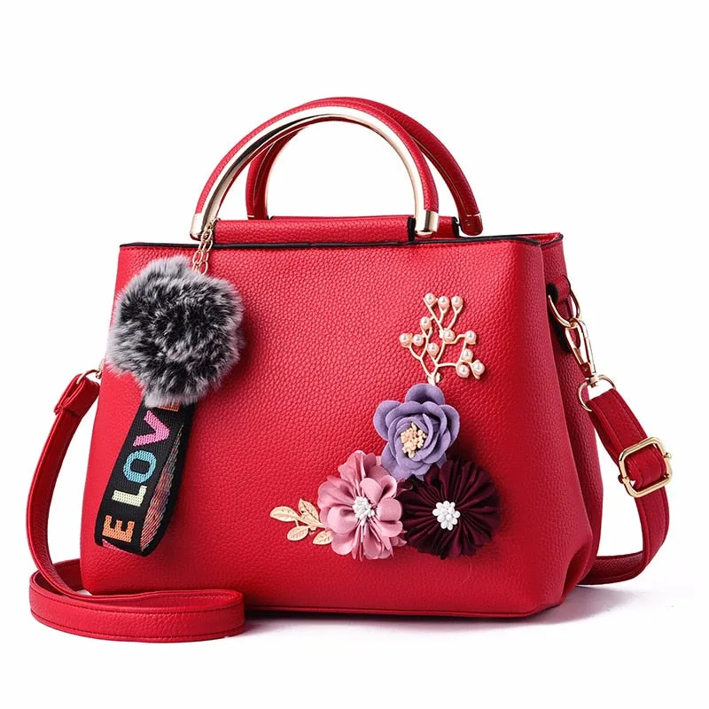 Women's Bag Leather Handbag Women Shoulder Bag Tote Flowers Shell Sac A Main Femme Rivets Fur Ball Pendant Luxury Designer Ladies