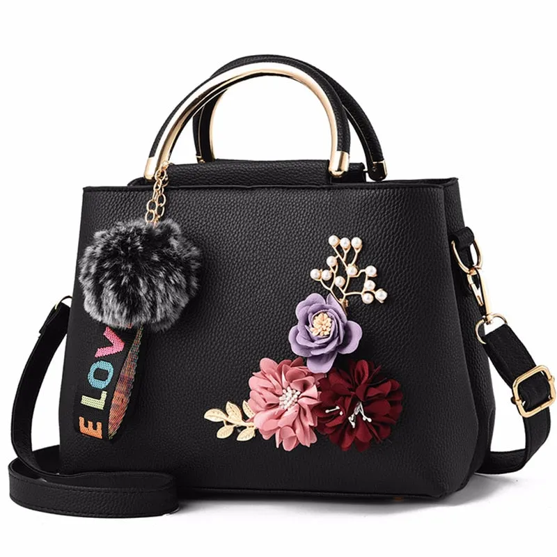 Women's Bag Leather Handbag Women Shoulder Bag Tote Flowers Shell Sac A Main Femme Rivets Fur Ball Pendant Luxury Designer Ladies
