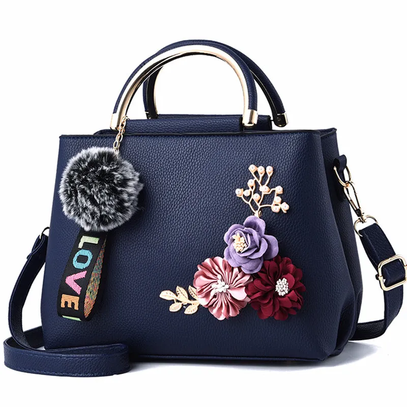 Women's Bag Leather Handbag Women Shoulder Bag Tote Flowers Shell Sac A Main Femme Rivets Fur Ball Pendant Luxury Designer Ladies