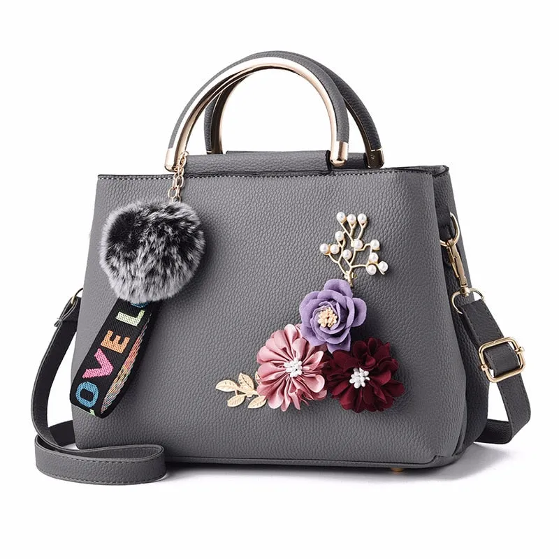 Women's Bag Leather Handbag Women Shoulder Bag Tote Flowers Shell Sac A Main Femme Rivets Fur Ball Pendant Luxury Designer Ladies