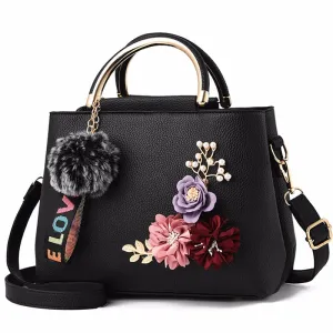 Women's Bag Leather Handbag Women Shoulder Bag Tote Flowers Shell Sac A Main Femme Rivets Fur Ball Pendant Luxury Designer Ladies