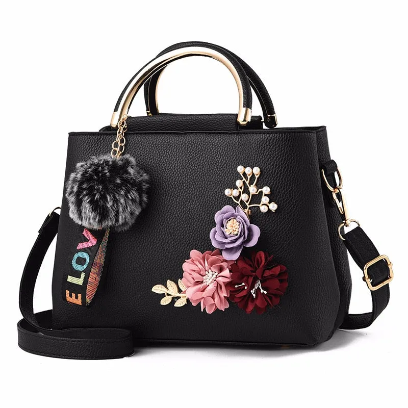 Women's Bag Leather Handbag Women Shoulder Bag Tote Flowers Shell Sac A Main Femme Rivets Fur Ball Pendant Luxury Designer Ladies