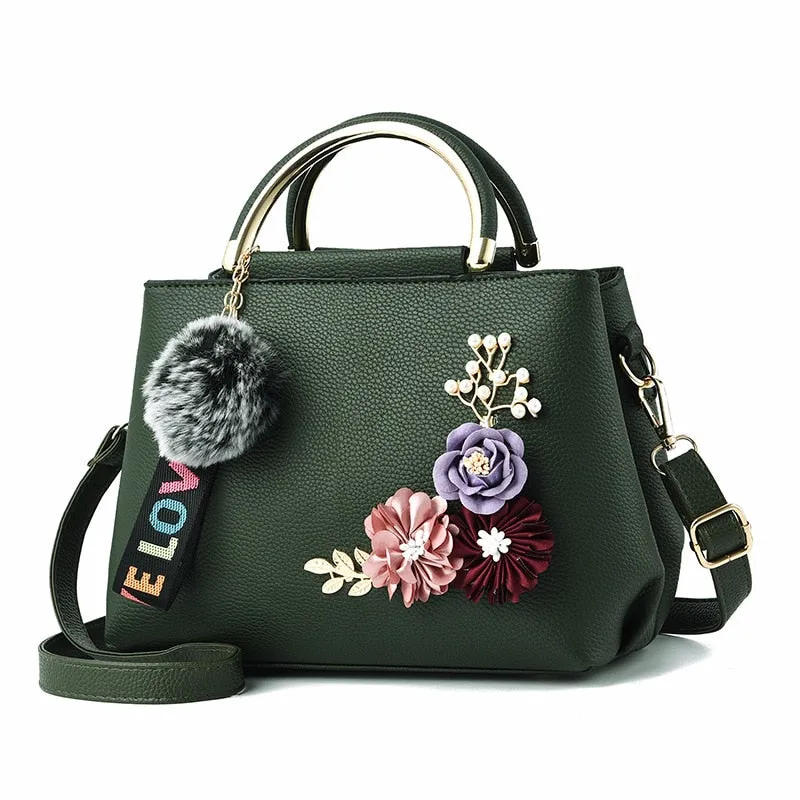 Women's Bag Leather Handbag Women Shoulder Bag Tote Flowers Shell Sac A Main Femme Rivets Fur Ball Pendant Luxury Designer Ladies