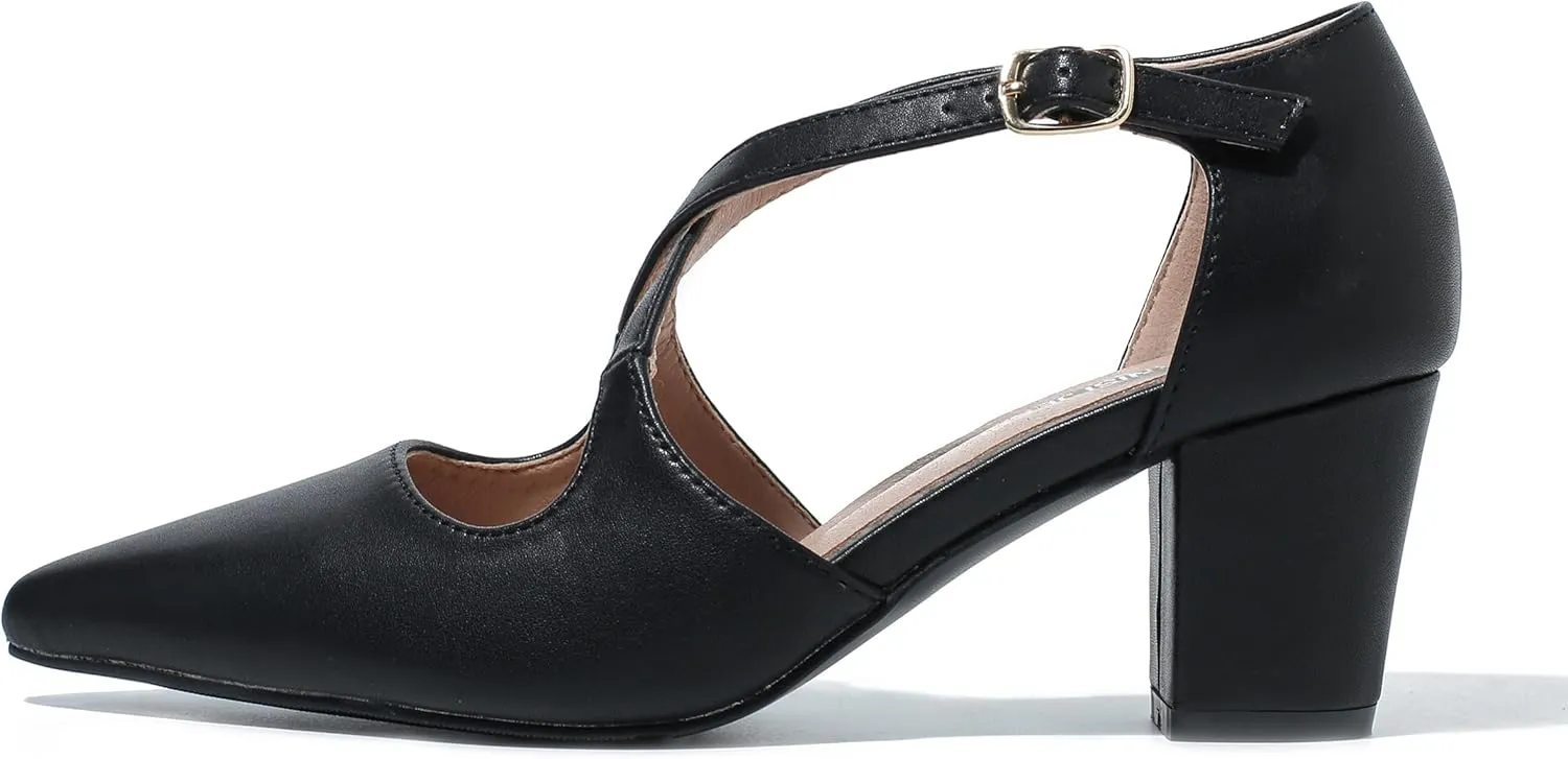 Women's Block Chunky Heel Pumps Cross Strap Closed Pinted Toe Low Heeled Dress Shoes