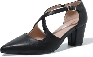 Women's Block Chunky Heel Pumps Cross Strap Closed Pinted Toe Low Heeled Dress Shoes