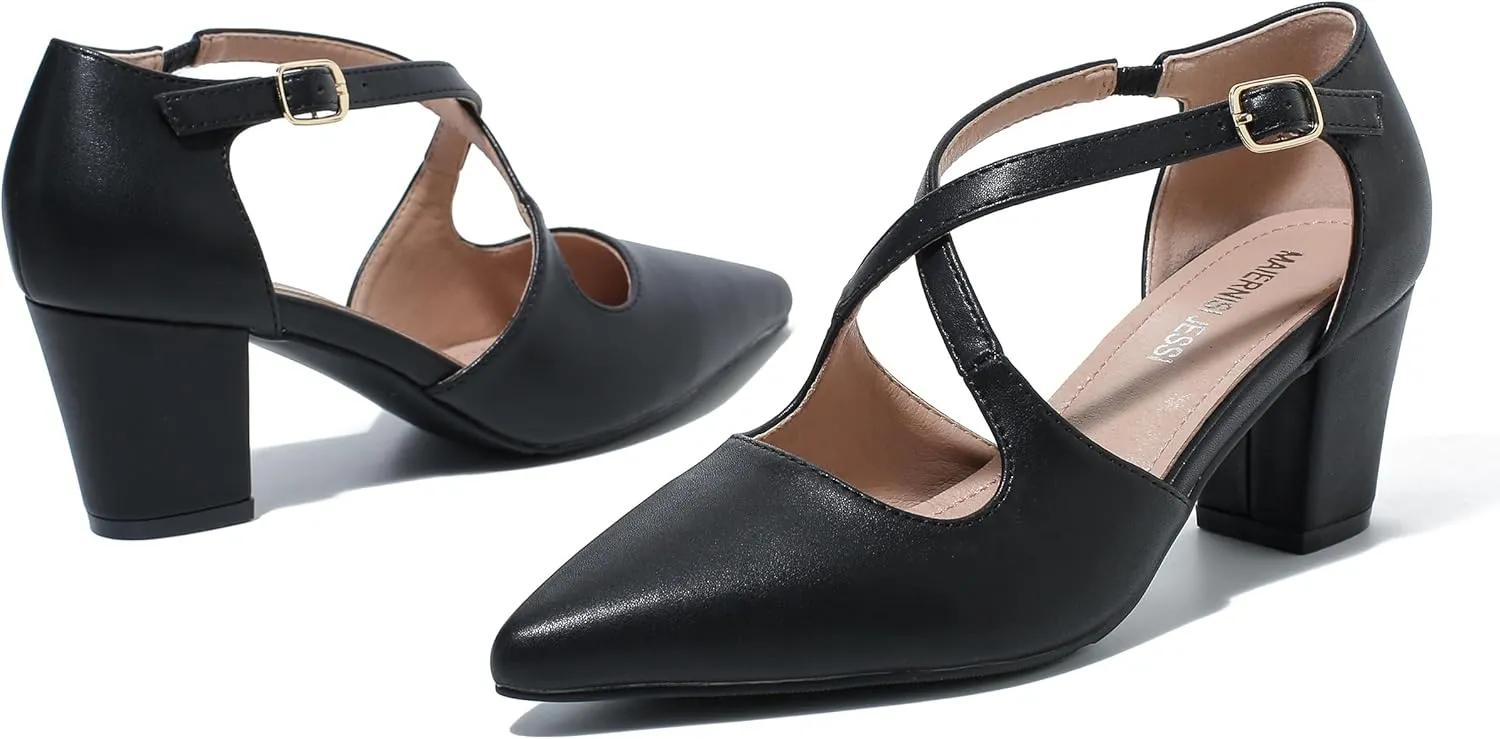Women's Block Chunky Heel Pumps Cross Strap Closed Pinted Toe Low Heeled Dress Shoes