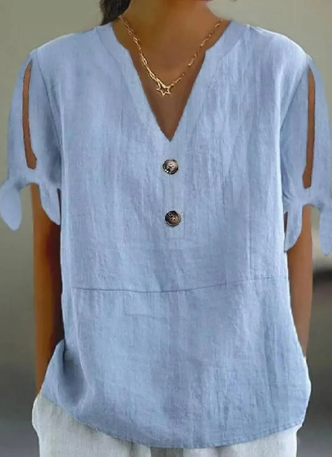 Women's Blue Solid Short Split Sleeve V-Neck Shirts Button Embellished Casual Pullover Tops 2025 Summer Fashion
