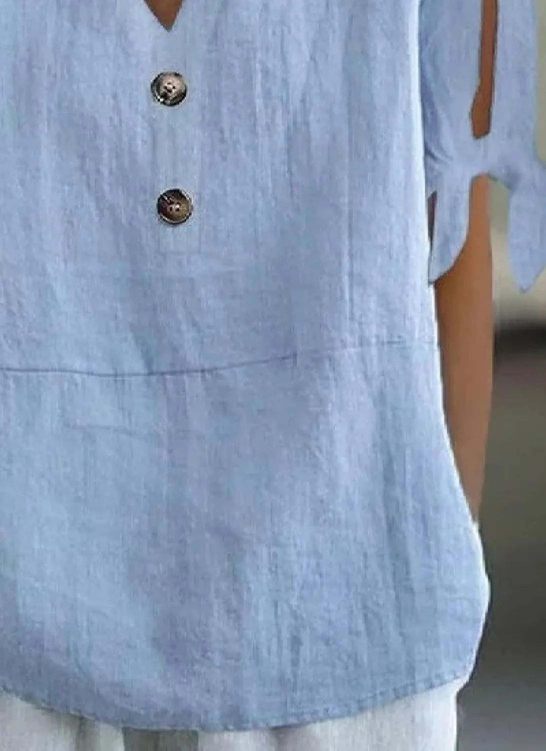 Women's Blue Solid Short Split Sleeve V-Neck Shirts Button Embellished Casual Pullover Tops 2025 Summer Fashion
