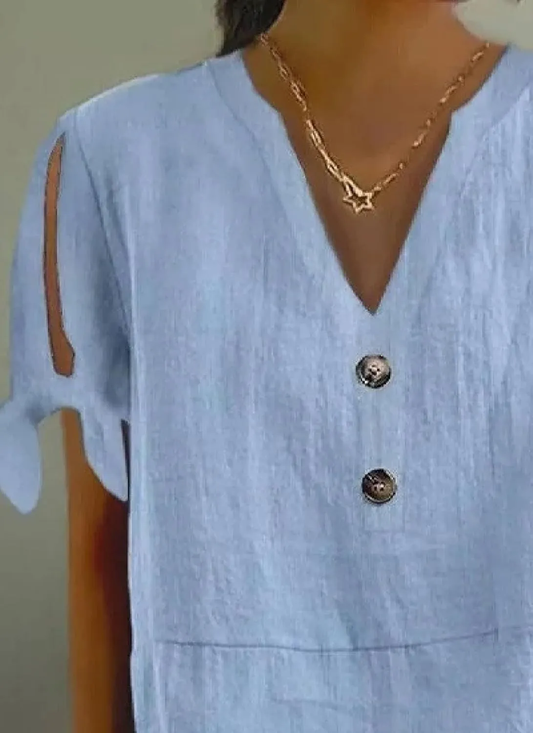 Women's Blue Solid Short Split Sleeve V-Neck Shirts Button Embellished Casual Pullover Tops 2025 Summer Fashion