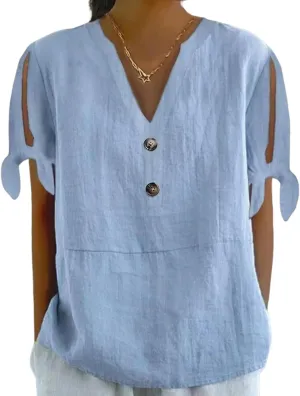 Women's Blue Solid Short Split Sleeve V-Neck Shirts Button Embellished Casual Pullover Tops 2025 Summer Fashion