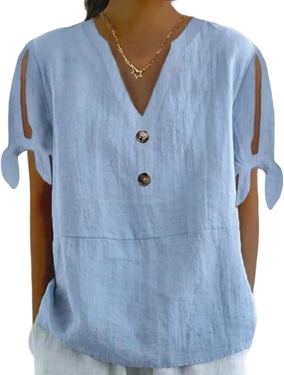 Women's Blue Solid Short Split Sleeve V-Neck Shirts Button Embellished Casual Pullover Tops 2025 Summer Fashion
