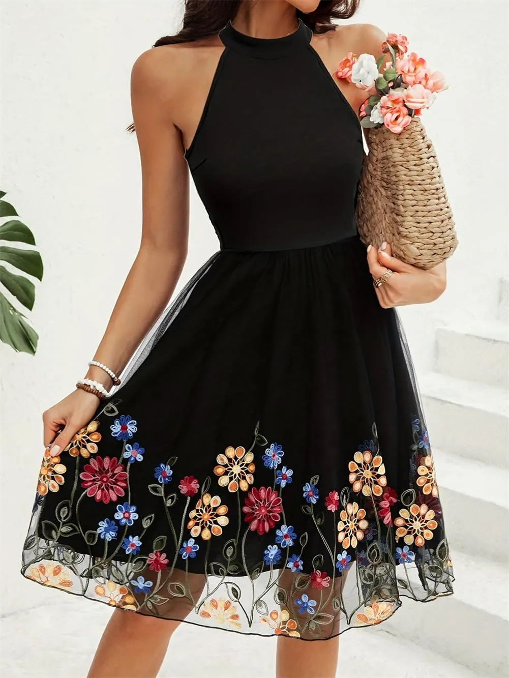 Women's Boho Floral Embroidery Lace Sundress Mesh Patchwork Slim A Line Dresses Summer Casual Elegant Dresses