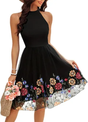 Women's Boho Floral Embroidery Lace Sundress Mesh Patchwork Slim A Line Dresses Summer Casual Elegant Dresses