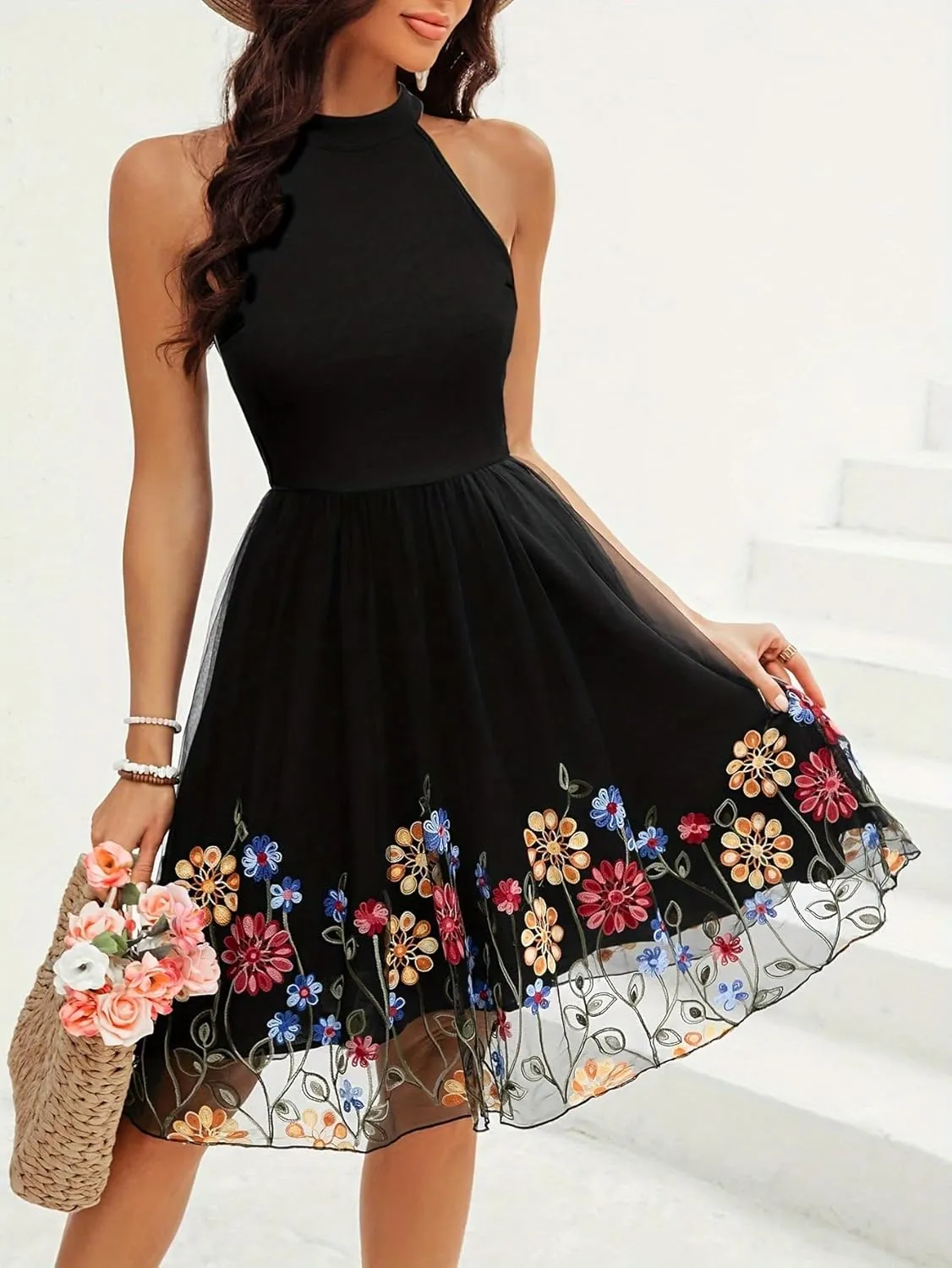 Women's Boho Floral Embroidery Lace Sundress Mesh Patchwork Slim A Line Dresses Summer Casual Elegant Dresses
