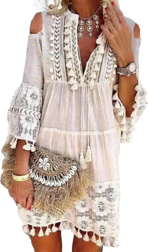 Women's Boho Floral Lace Tassel Fringe V-Neck Short Dress Embroidered Patchwork Seven Sleeve Loose Sundress