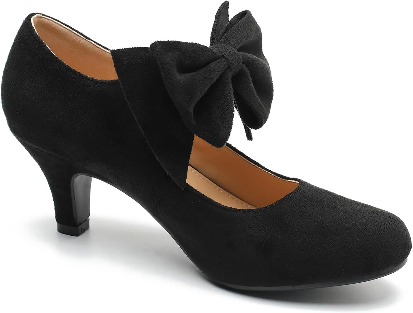 Women's Bow Mary Jane Kitten Heels Pumps Round Toe Low Heels Ankle Strap Dress Evening Party Shoes