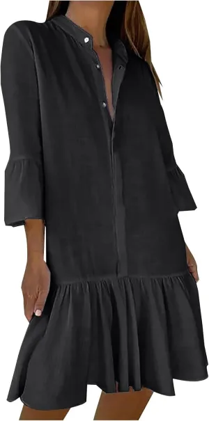 Womens Button Down Shirt Dress 3/4 Sleeve Trendy Casual Tiered Mini Dress Linen Loose Fit Solid Flowy Ruffle Dresses