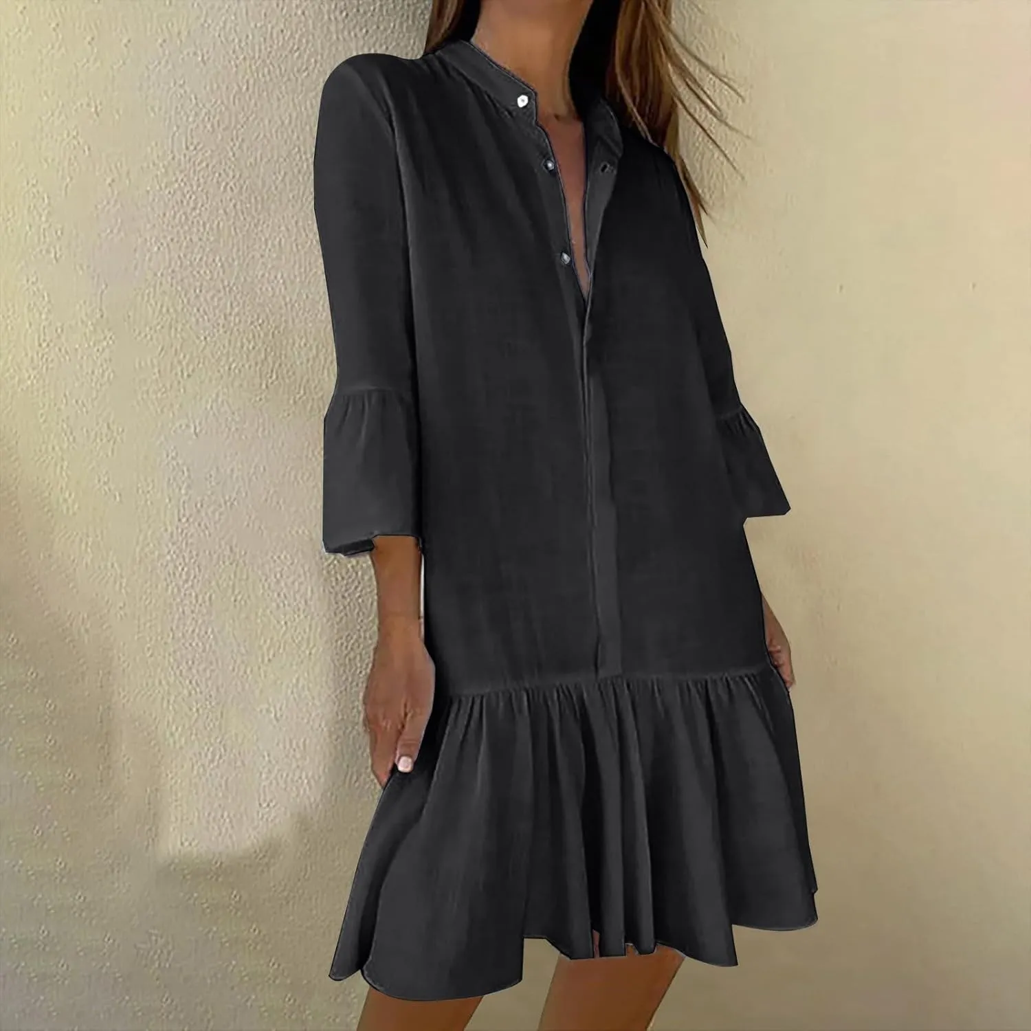 Womens Button Down Shirt Dress 3/4 Sleeve Trendy Casual Tiered Mini Dress Linen Loose Fit Solid Flowy Ruffle Dresses