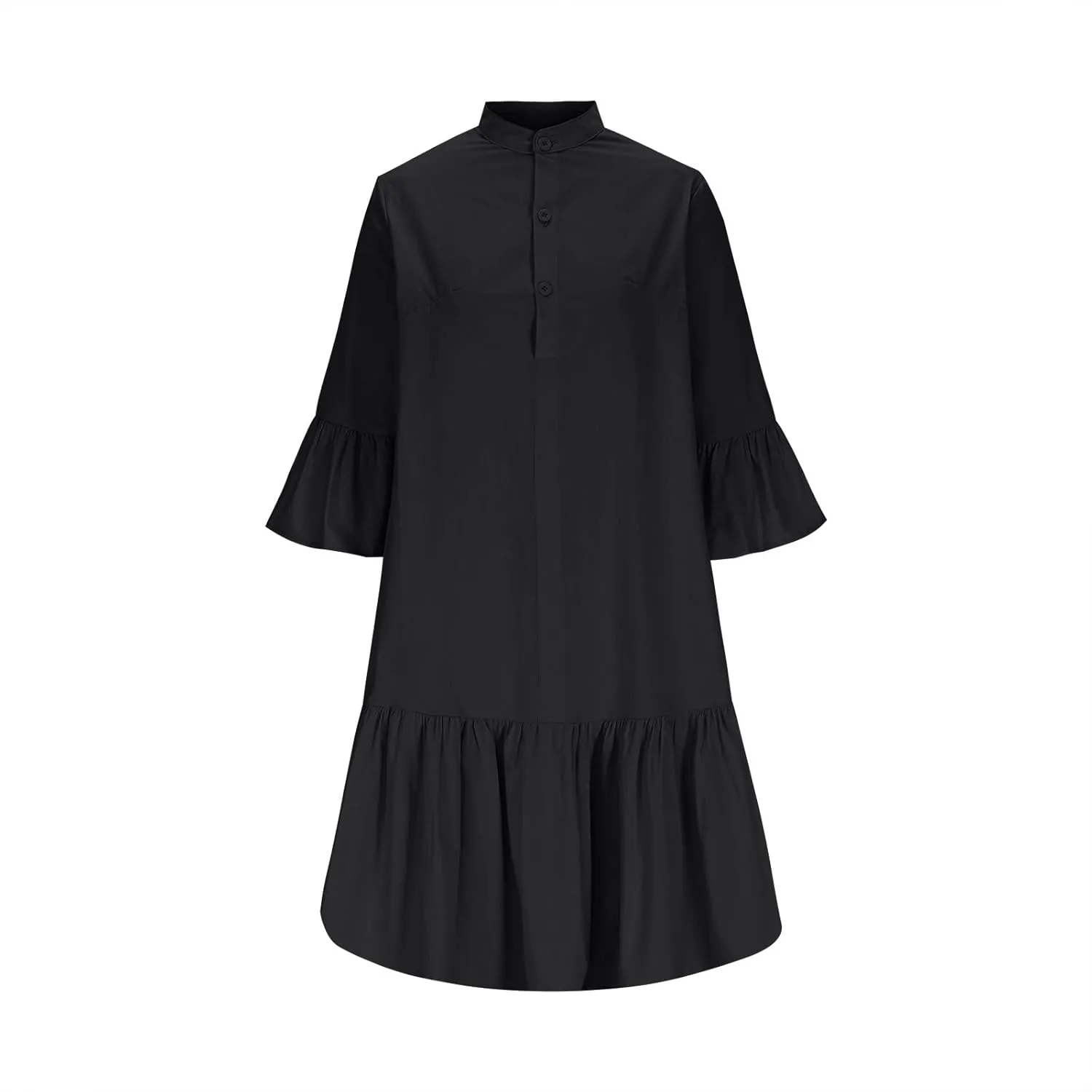 Womens Button Down Shirt Dress 3/4 Sleeve Trendy Casual Tiered Mini Dress Linen Loose Fit Solid Flowy Ruffle Dresses