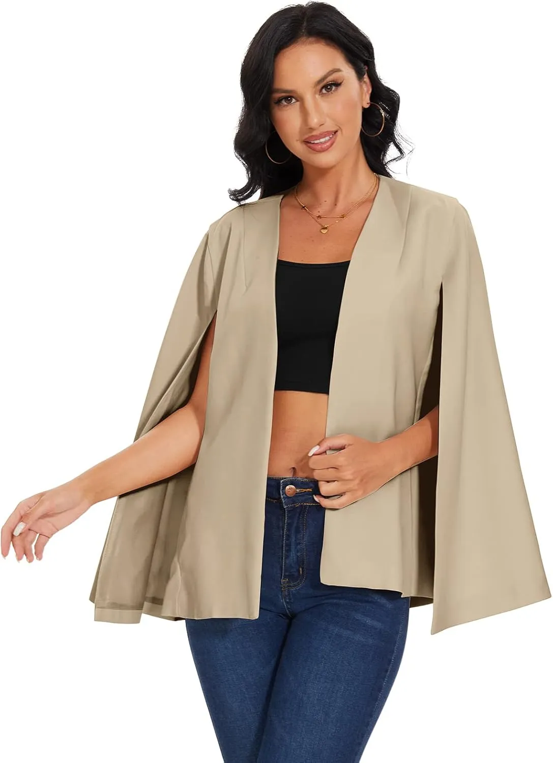 Womens Cape Blazer - Split Sleeve Open Front Casual Jacket Coat Workwear Elegant Formal Cape Coat