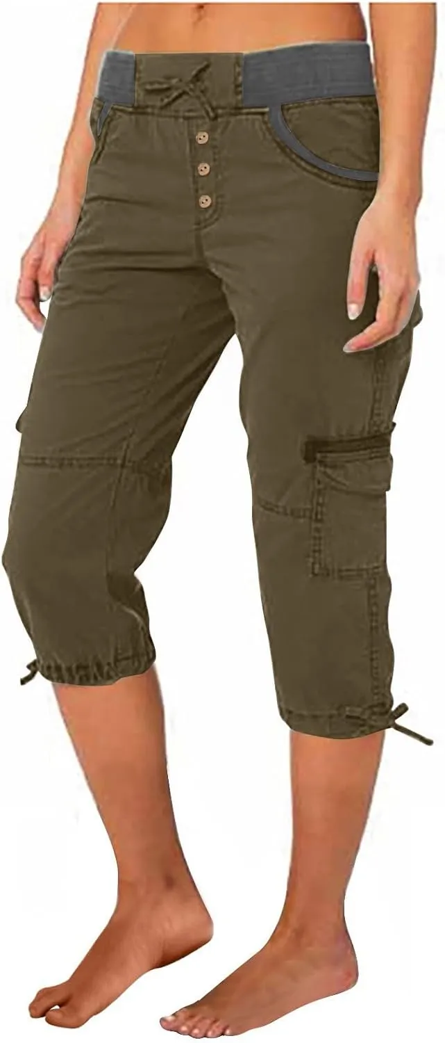 Women's Capri Pants Summer Lightweight Outdoor Hiking Capris with Drawstring Cargo Pockets Yoga Cropped Pant