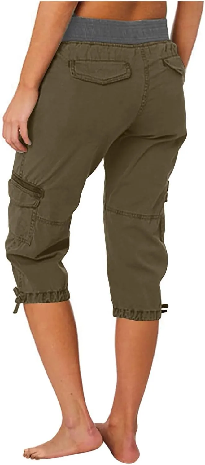 Women's Capri Pants Summer Lightweight Outdoor Hiking Capris with Drawstring Cargo Pockets Yoga Cropped Pant