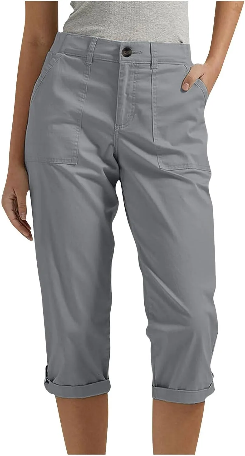 Womens Cargo Capris with Pocket Quick Dry Elastic Waist Hiking Pants Lightweight Casual Travel Running Capri Joggers