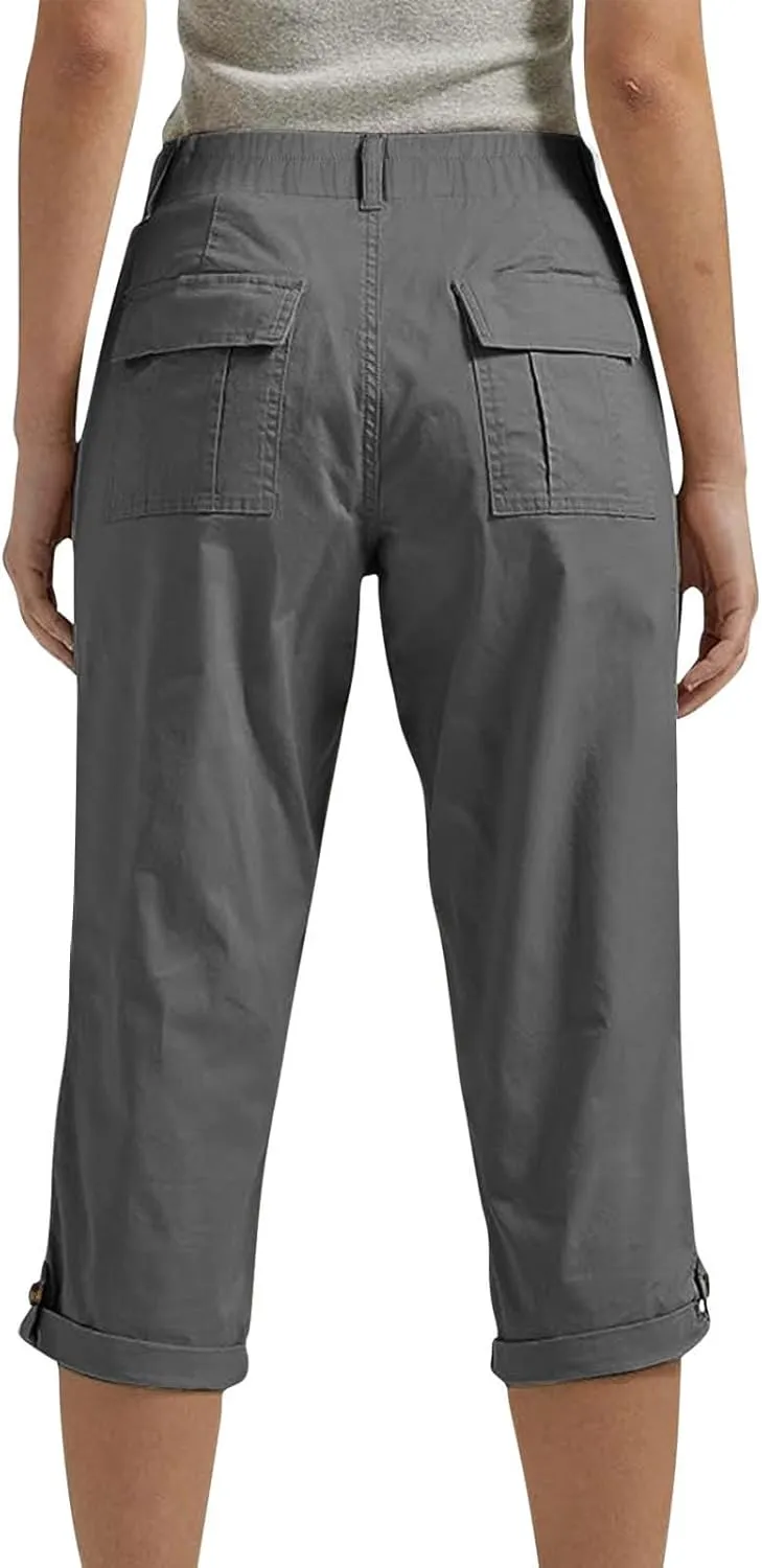 Womens Cargo Capris with Pocket Quick Dry Elastic Waist Hiking Pants Lightweight Casual Travel Running Capri Joggers