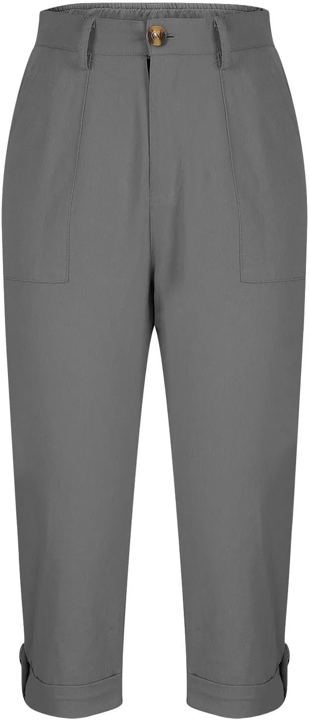 Womens Cargo Capris with Pocket Quick Dry Elastic Waist Hiking Pants Lightweight Casual Travel Running Capri Joggers