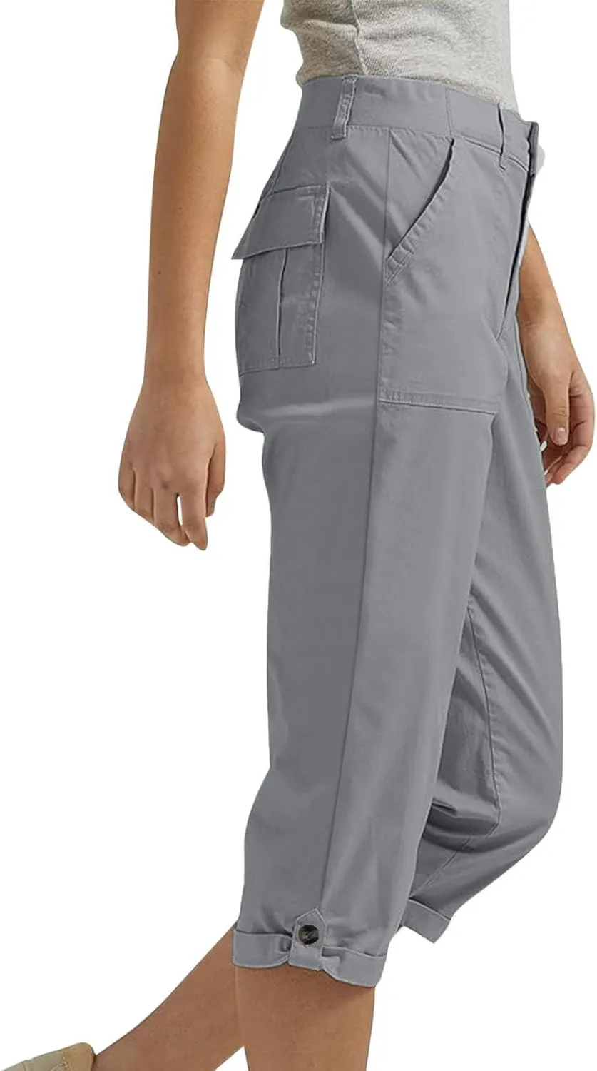 Womens Cargo Capris with Pocket Quick Dry Elastic Waist Hiking Pants Lightweight Casual Travel Running Capri Joggers