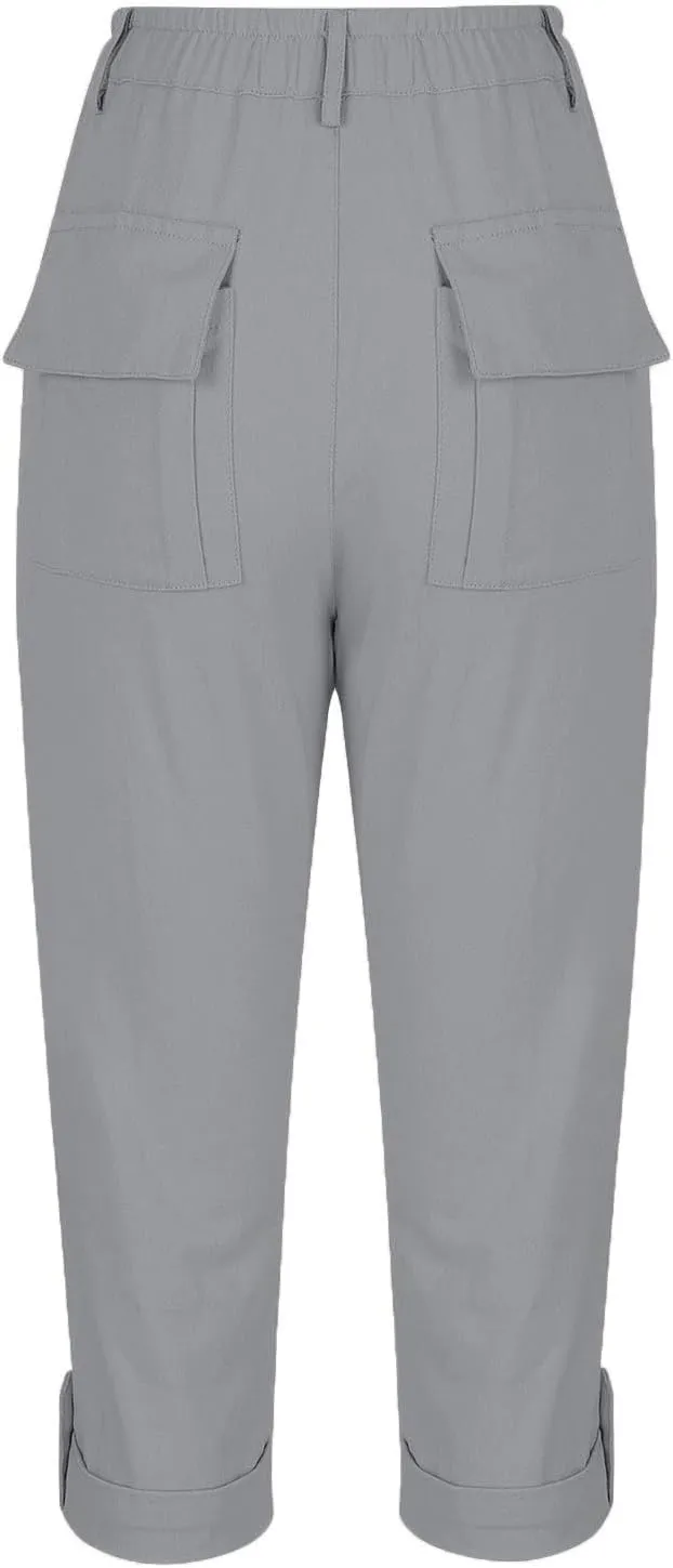 Womens Cargo Capris with Pocket Quick Dry Elastic Waist Hiking Pants Lightweight Casual Travel Running Capri Joggers