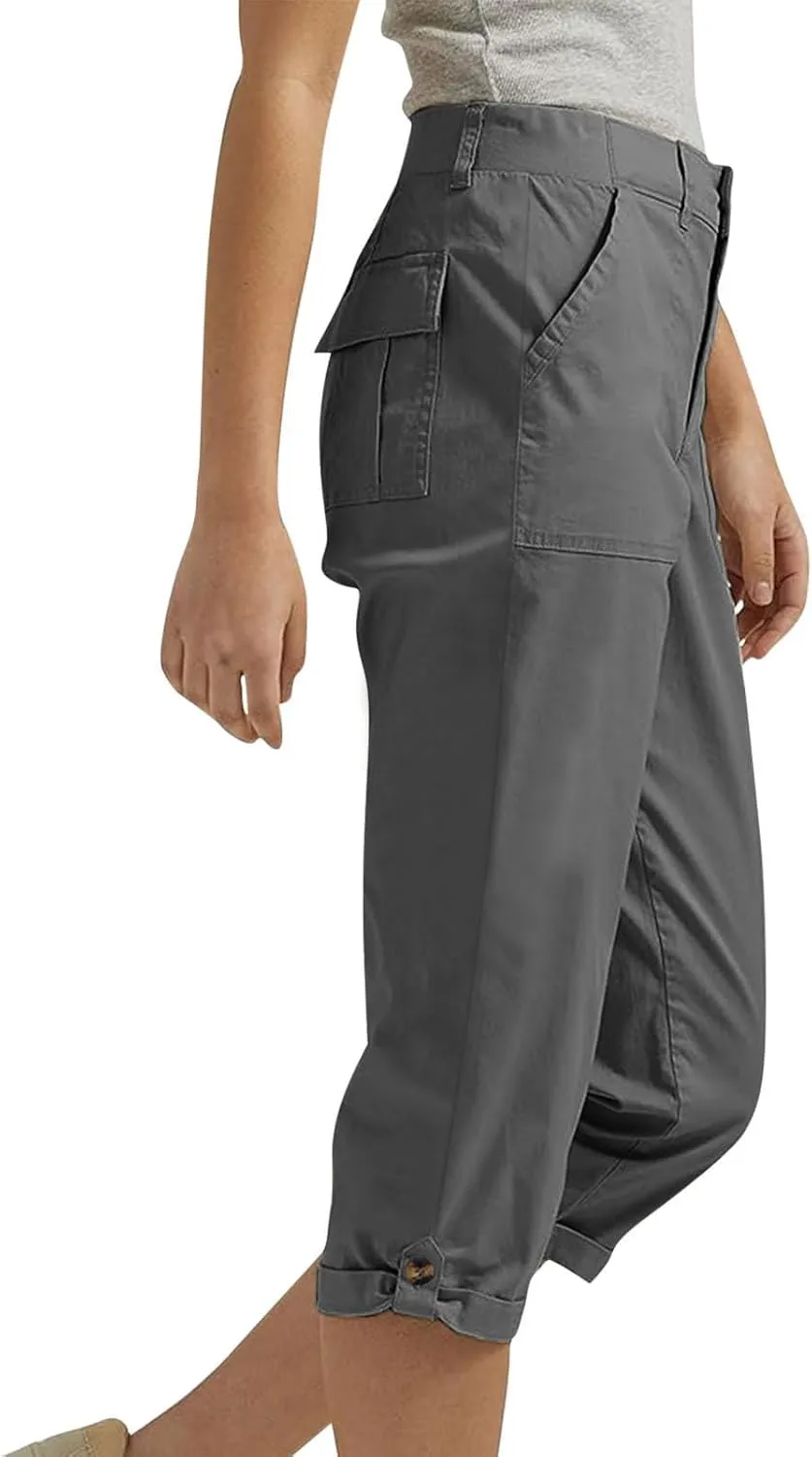 Womens Cargo Capris with Pocket Quick Dry Elastic Waist Hiking Pants Lightweight Casual Travel Running Capri Joggers