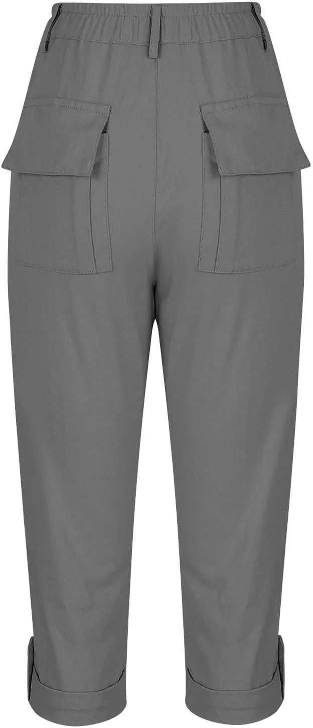 Womens Cargo Capris with Pocket Quick Dry Elastic Waist Hiking Pants Lightweight Casual Travel Running Capri Joggers