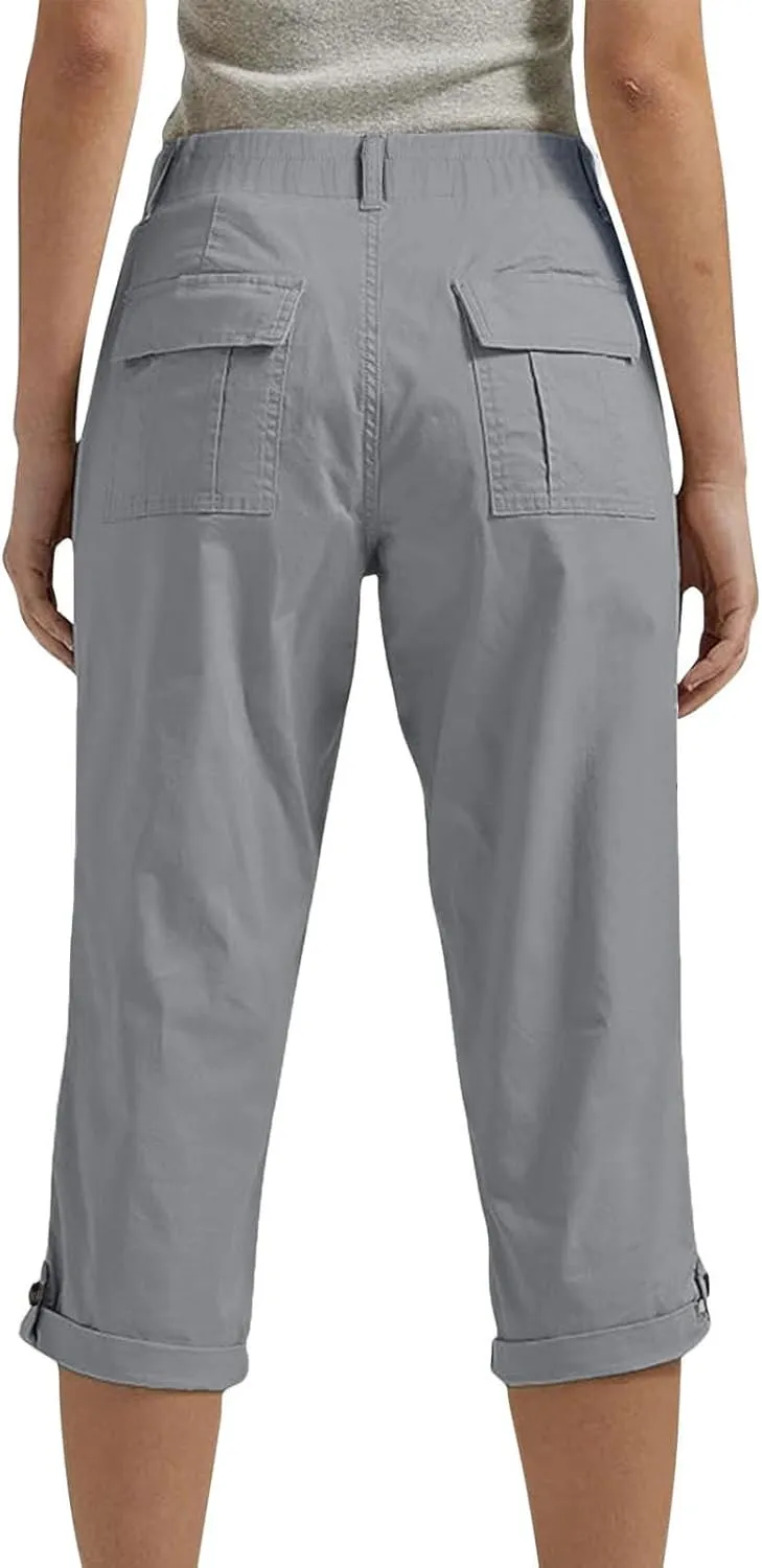 Womens Cargo Capris with Pocket Quick Dry Elastic Waist Hiking Pants Lightweight Casual Travel Running Capri Joggers