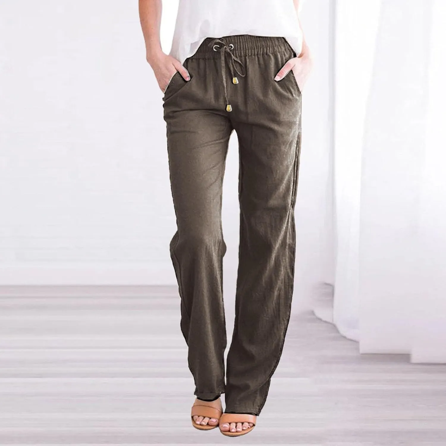 Womens Casual Cotton Linen Pants Lightweight Summer Relax Fit Elastic Waist Plus Size Solid Lounge Long Trousers
