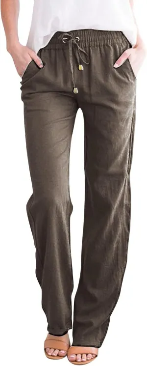 Womens Casual Cotton Linen Pants Lightweight Summer Relax Fit Elastic Waist Plus Size Solid Lounge Long Trousers