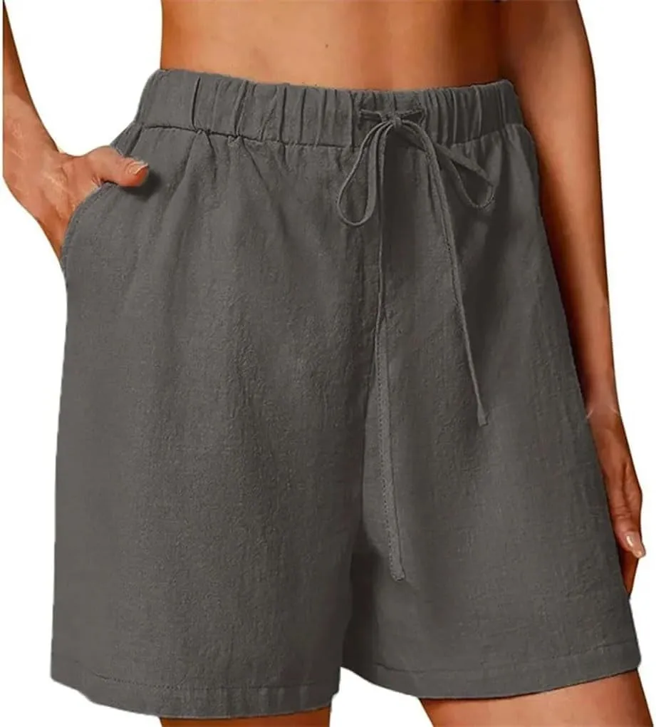 Women's Casual Shorts Drawstring Solid Color Cotton Linen Short Female Loose Straight Jogging